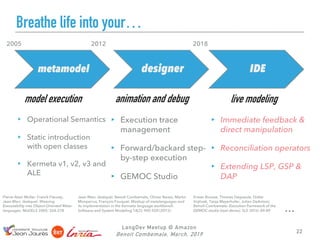 Breathe life into your…
LangDev Meetup @ Amazon
Benoit Combemale, March, 2019 22
▸ Operational Semantics
▸ Static introduction
with open classes
▸ Kermeta v1, v2, v3 and
ALE
metamodel
model execution
designer
animation and debug
IDE
live modeling
2005 2012 2018
▸ Execution trace
management
▸ Forward/backard step-
by-step execution
▸ GEMOC Studio
▸ Immediate feedback &
direct manipulation
▸ Reconciliation operators
▸ Extending LSP, GSP &
DAP
Pierre-Alain Muller, Franck Fleurey,
Jean-Marc Jézéquel: Weaving
Executability into Object-Oriented Meta-
languages. MoDELS 2005: 264-278
Erwan Bousse, Thomas Degueule, Didier
Vojtisek, Tanja Mayerhofer, Julien DeAntoni,
Benoît Combemale: Execution framework of the
GEMOC studio (tool demo). SLE 2016: 84-89
Jean-Marc Jézéquel, Benoît Combemale, Olivier Barais, Martin
Monperrus, François Fouquet: Mashup of metalanguages and
its implementation in the Kermeta language workbench.
Software and System Modeling 14(2): 905-920 (2015) …
 