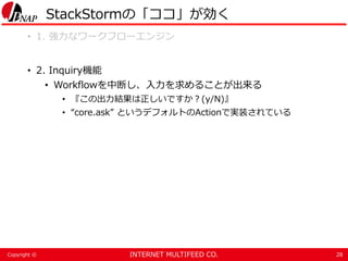 INTERNET MULTIFEED CO.Copyright ©
StackStormの「ココ」が効く
• 1. 強力なワークフローエンジン
• 2. Inquiry機能
• Workflowを中断し、入力を求めることが出来る
• 『この出力結果は正しいですか？(y/N)』
• “core.ask” というデフォルトのActionで実装されている
28
 