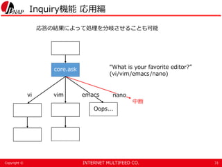 INTERNET MULTIFEED CO.Copyright ©
Inquiry機能 応用編
31
“What is your favorite editor?”
(vi/vim/emacs/nano)
core.ask
中断
vi
応答の結果によって処理を分岐させることも可能
Oops...
vim emacs nano
 