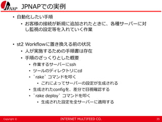 INTERNET MULTIFEED CO.Copyright ©
JPNAPでの実例
• 自動化したい手順
• お客様の接続が新規に追加されたときに、各種サーバーに対
し監視の設定等を入れていく作業
• st2 Workflowに置き換える前の状況
• 人が実施するための手順書は存在
• 手順のざっくりとした概要
• 作業するサーバーにssh
• ツールのディレクトリにcd
• `rake` コマンドを叩く
• これによってサーバーの設定が生成される
• 生成されたconfigを、差分で目視確認する
• `rake deploy` コマンドを叩く
• 生成された設定を全サーバーに適用する
35
 