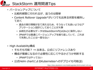 INTERNET MULTIFEED CO.Copyright ©
StackStorm 運用関連Tips
• バージョンアップについて
• 比較的頻繁に行われるが、追うのは簡単
• Content Rollover Upgrade*がいつでも出来る状態を維持し
ておく
• 過去の実行情報が全て消えるため、そうなっても良いようなア
プリケーション設計にしておくことが大事
• 永続化が必要なデータはStackStorm内(st2kv)に保存しない
• JPNAPでは普通にバージョンアップを繰り返していて、これま
で失敗したことは一度もない
• High Availability構成
• そもそも可能？ ⇒ 出来る。公式にリファレンスあり
• 構成が複雑になるので必要性に応じてやるかどうか判断する
• JPNAPではやってない
• 公式Helm chartによるKubernetesへのデプロイも可能(β)
45
https://docs.stackstorm.com/install/upgrades.html#content-roll-over
 