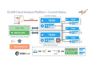 ELIXIR Cloud Analysis Platform – Current Status
AuthN
AuthZ
Embass
y
cloud
Biocontainers 2.0
WES-ELIXIR
CWL-TES
ELIXIR-CH & CSC (cPouta)
TESK
FTP
EMBL-EBI (Embassy)
TESK
ELIXIR-FI (Rahti)
ELIXIR-IT
ELIXIR-
DE
ELIXIR-
CH
 