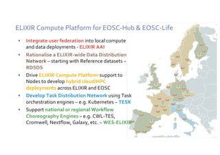ELIXIR Compute Platform for EOSC-Hub & EOSC-Life
• Integrate user federation into local compute
and data deployments - ELIXIR AAI
• Rationalise a ELIXIR-wide Data Distribution
Network – starting with Reference datasets ~
RDSDS
• Drive ELIXIR Compute Platform support to
Nodes to develop hybrid cloud/HPC
deployments across ELIXIR and EOSC
• Develop Task Distribution Network using Task
orchestration engines – e.g. Kubernetes ~ TESK
• Support national or regional Workflow
Choreography Engines – e.g. CWL-TES,
Cromwell, Nextflow, Galaxy, etc. ~ WES-ELIXIR
 