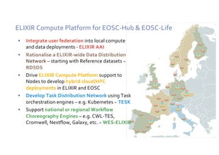 ELIXIR Compute Platform for EOSC-Hub & EOSC-Life
• Integrate user federation into local compute
and data deployments - ELIXIR AAI
• Rationalise a ELIXIR-wide Data Distribution
Network – starting with Reference datasets ~
RDSDS
• Drive ELIXIR Compute Platform support to
Nodes to develop hybrid cloud/HPC
deployments in ELIXIR and EOSC
• Develop Task Distribution Network using Task
orchestration engines – e.g. Kubernetes ~ TESK
• Support national or regional Workflow
Choreography Engines – e.g. CWL-TES,
Cromwell, Nextflow, Galaxy, etc. ~ WES-ELIXIR
 