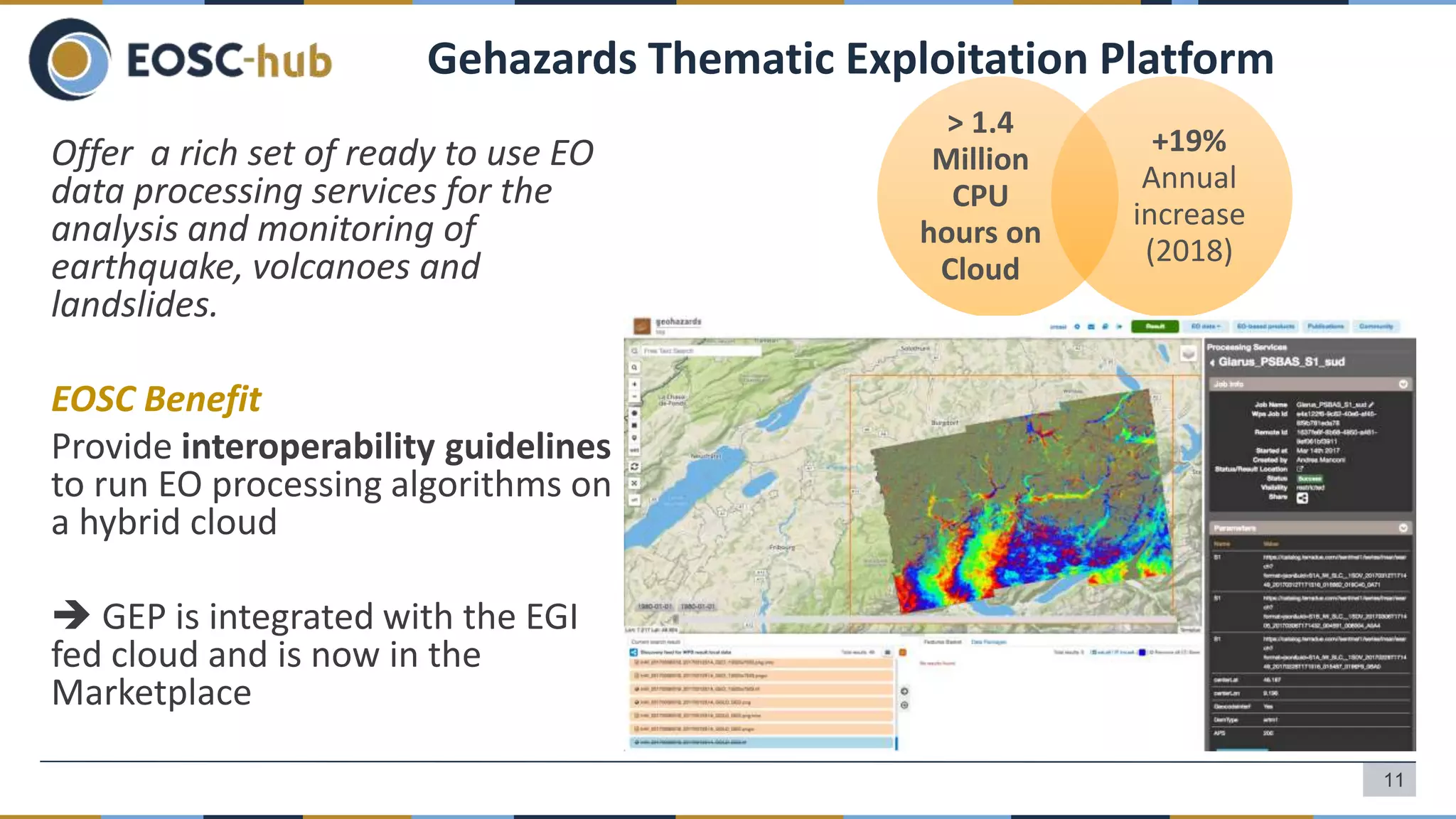 Offer a rich set of ready to use EO
data processing services for the
analysis and monitoring of
earthquake, volcanoes and
landslides.
EOSC Benefit
Provide interoperability guidelines
to run EO processing algorithms on
a hybrid cloud
 GEP is integrated with the EGI
fed cloud and is now in the
Marketplace
Gehazards Thematic Exploitation Platform
> 1.4
Million
CPU
hours on
Cloud
+19%
Annual
increase
(2018)
11
 