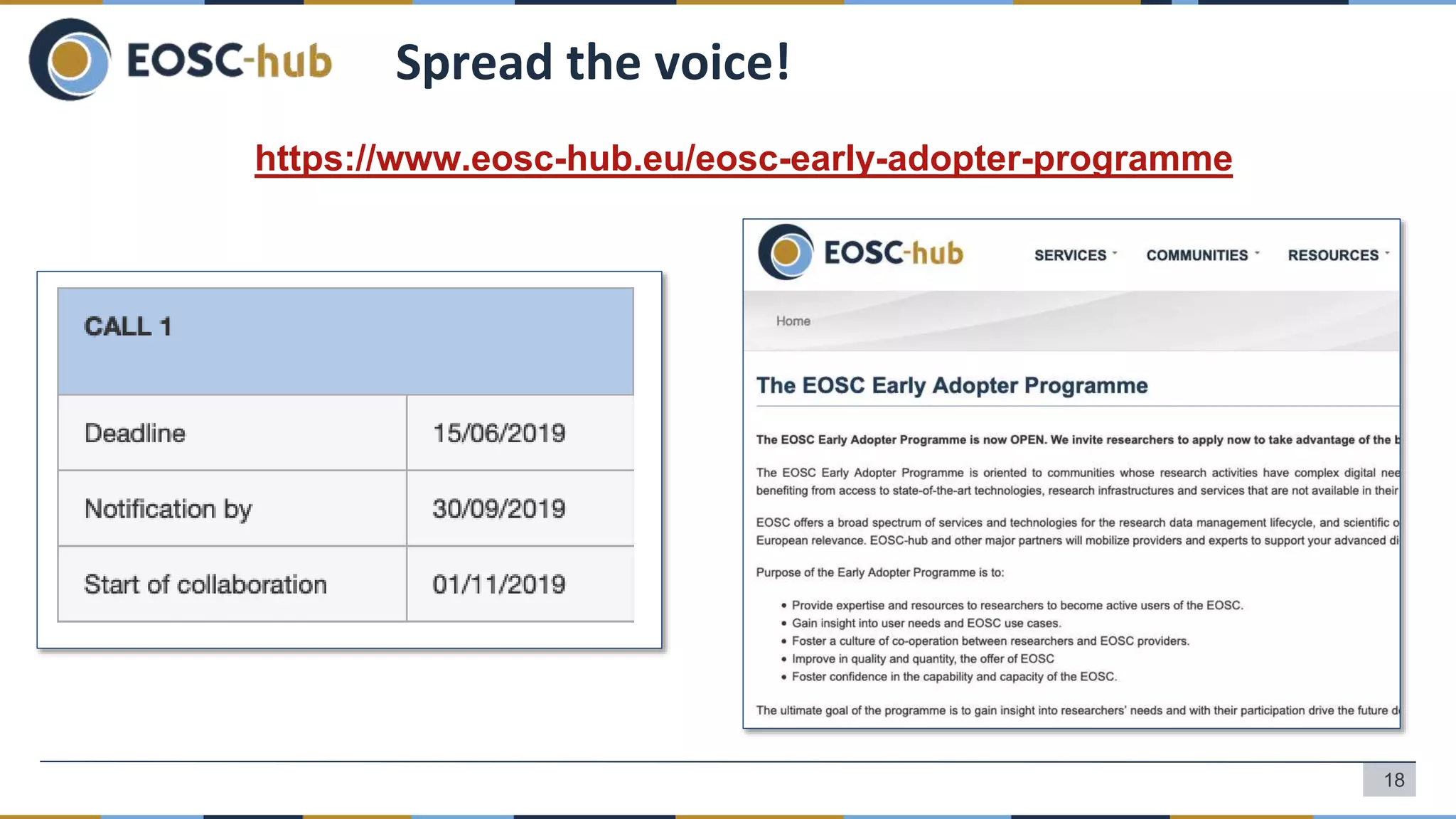 Spread the voice!
https://www.eosc-hub.eu/eosc-early-adopter-programme
18
 