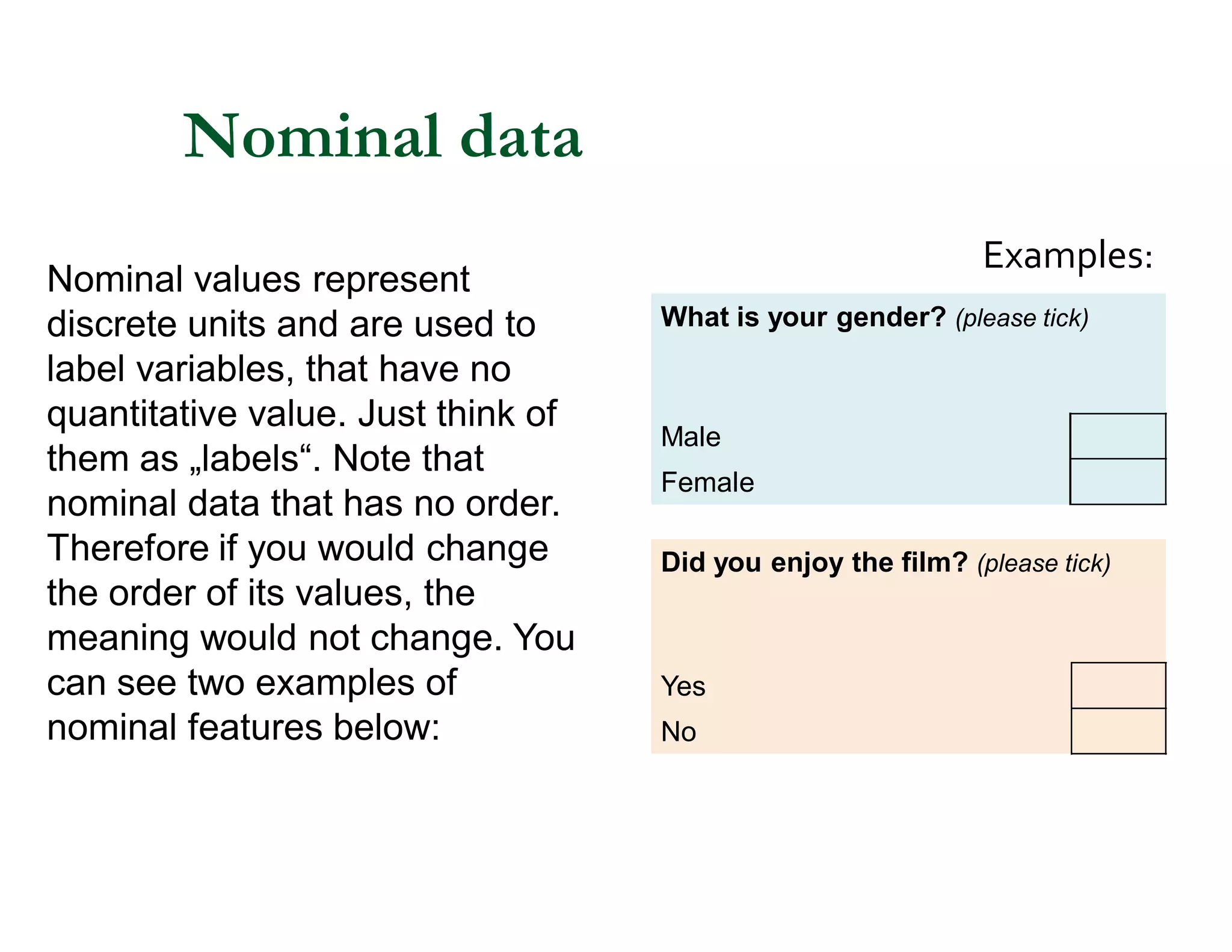 Examples:
Nominal data
What is your gender? (please tick)
Male
Female
Did you enjoy the film? (please tick)
Yes
No
Nominal values represent
discrete units and are used to
label variables, that have no
quantitative value. Just think of
them as „labels“. Note that
nominal data that has no order.
Therefore if you would change
the order of its values, the
meaning would not change. You
can see two examples of
nominal features below:
 