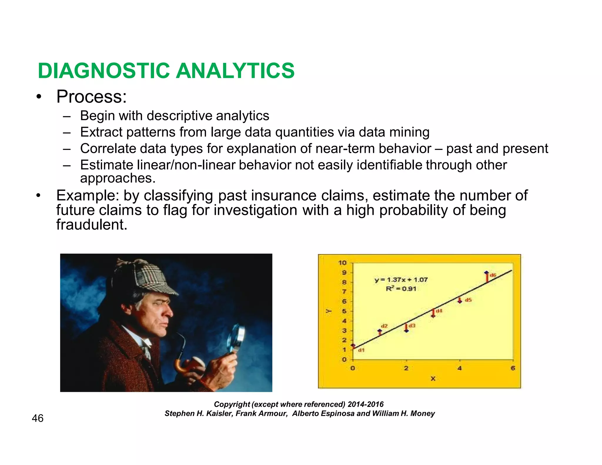 46
DIAGNOSTIC ANALYTICS
• Process:
– Begin with descriptive analytics
– Extract patterns from large data quantities via data mining
– Correlate data types for explanation of near-term behavior – past and present
– Estimate linear/non-linear behavior not easily identifiable through other
approaches.
• Example: by classifying past insurance claims, estimate the number of
future claims to flag for investigation with a high probability of being
fraudulent.
Copyright (except where referenced) 2014-2016
Stephen H. Kaisler, Frank Armour, Alberto Espinosa and William H. Money
 