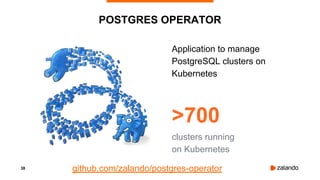 38
POSTGRES OPERATOR
Application to manage
PostgreSQL clusters on
Kubernetes
>700
clusters running
on Kubernetes
github.com/zalando/postgres-operator
 