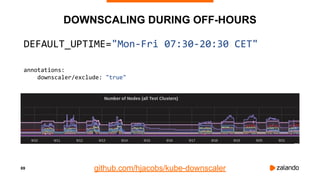 69
DOWNSCALING DURING OFF-HOURS
DEFAULT_UPTIME="Mon-Fri 07:30-20:30 CET"
annotations:
downscaler/exclude: "true"
github.com/hjacobs/kube-downscaler
 