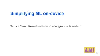 Simplifying ML on-device
TensorFlow Lite makes these challenges much easier!
15
 