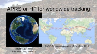 APRS or HF for worldwide tracking
CNSP-18 in 2012
San Jose CA to Morocco
CNSP-24 circumnavigation of the globe 2015
 