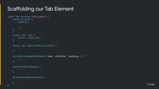 class Tab extends HTMLElement {
constructor() {
super();
// ...
}
static get is() {
return 'wcig-tab';
}
static get observedAttributes() {
// ...
}
attributeChangedCallback( name, oldValue, newValue ) {
// ...
}
connectedCallback() {
// ...
}
disconnectedCallback() {
// ...
}
}
Scaffolding our Tab Element
 
