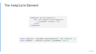 Improving Performance with a Template
const template = document.createElement( 'template' );
template.innerHTML = `
<style...