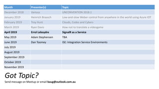 Upcoming Presentations
Month Presenter(s) Topic
December 2018 Various UNCONVENTION 2018.1
January 2019 Heinrich Braasch Low-and-slow Weber control from anywhere in the world using Azure IOT
February 2019 Troy Hunt Clouds, Codes and Cybers
March 2019 Ryan Davis How not to translate a videogame
April 2019 Errol Leboydre SignalR as a Service
May 2019 Adam Stephensen TBA
June 2019 Dan Toomey ISE: Integration Service Environments
July 2019
August 2019
September 2019
October 2019
November 2019
Got Topic?
Send message on Meetup or email baug@outlook.com.au
 