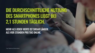 DIE DURCHSCHNITTLICHE NUTZUNG
DES SMARTPHONES LIEGT BEI 
2,1 STUNDEN TÄGLICH.
MEHR ALS JEDER VIERTE IST SOGAR LÄNGER 
ALS VIER STUNDEN PRO TAG ONLINE.
*laut Telefónica Deutschland
 