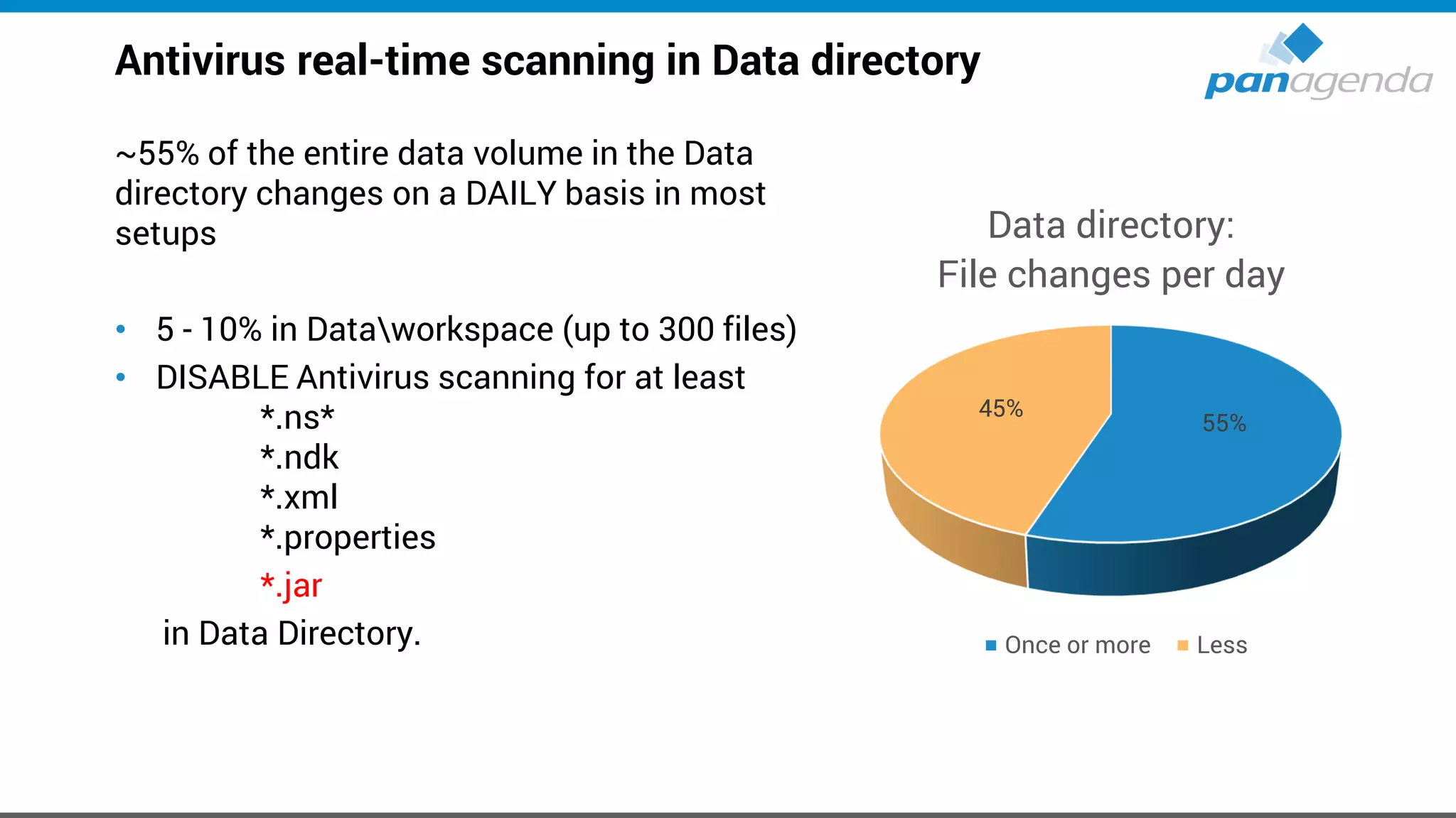 Antivirus real-time scanning in Data directory
~55% of the entire data volume in the Data
directory changes on a DAILY basis in most
setups
• 5 - 10% in Dataworkspace (up to 300 files)
• DISABLE Antivirus scanning for at least
*.ns*
*.ndk
*.xml
*.properties
*.jar
in Data Directory.
55%
45%
Data directory:
File changes per day
Once or more Less
 