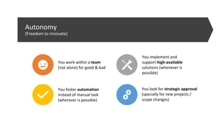 Autonomy
(Freedom to innovate)
You work within a team
(not alone) for good & bad
You implement and
support high-available
solutions (whenever is
possible)
You foster automation
instead of manual task
(wherever is possible)
You look for strategic approval
(specially for new projects /
scope changes)
 