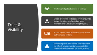 Trust &
Visibility
Trust ring mitigates business hi-jacking
Critical credential and access levels should be
shared (i.e. OneLogin) with key team
members and C-Level (Breaking the glass)
Access should cover all infrastructure assets,
platforms and systems
Monitoring tools and central consoles alerts
for infrastructure must be broadcasted in
communication channels (i.e. slack, e-mail)
 