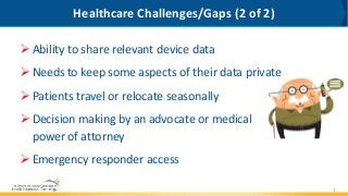 Healthcare Challenges/Gaps (2 of 2)
 Ability to share relevant device data
 Needs to keep some aspects of their data pri...