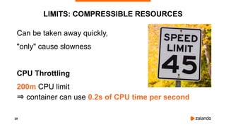 20
LIMITS: COMPRESSIBLE RESOURCES
Can be taken away quickly,
"only" cause slowness
CPU Throttling
200m CPU limit
⇒ contain...