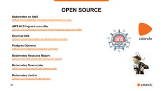 81
OPEN SOURCE
Kubernetes on AWS
github.com/zalando-incubator/kubernetes-on-aws
AWS ALB Ingress controller
github.com/zala...