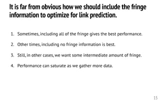 It is far from obvious how we should include the fringe
information to optimize for link prediction.
15
1. Sometimes, including all of the fringe gives the best performance.
2. Other times, including no fringe information is best.
3. Still, in other cases, we want some intermediate amount of fringe.
4. Performance can saturate as we gather more data.
 
