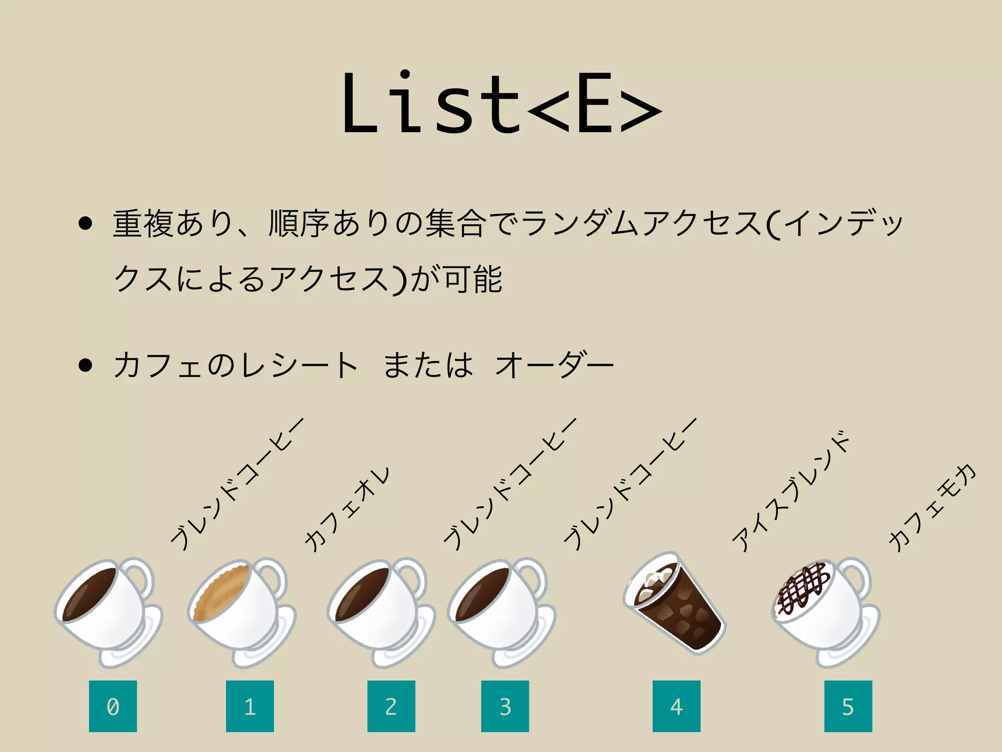 List<E>
• (
)
•
0 1 2 3 4 5
 