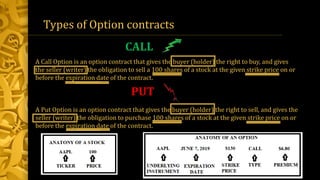 A Call Option is an option contract that gives the buyer (holder) the right to buy, and gives
the seller (writer) the obligation to sell a 100 shares of a stock at the given strike price on or
before the expiration date of the contract.
A Put Option is an option contract that gives the buyer (holder) the right to sell, and gives the
seller (writer) the obligation to purchase 100 shares of a stock at the given strike price on or
before the expiration date of the contract.
Types of Option contracts
CALL
PUT
 