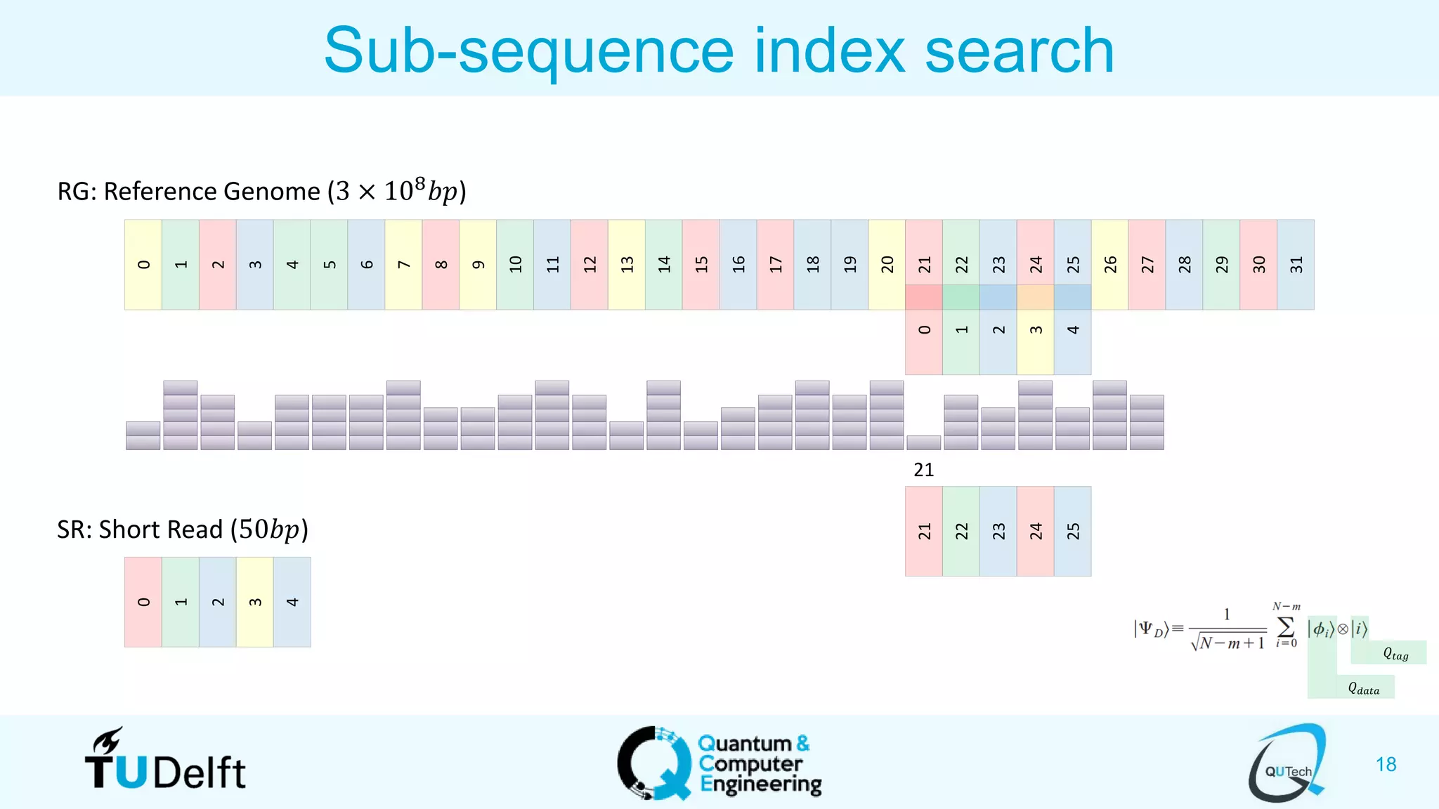 18
Sub-sequence index search
RG: Reference Genome (3 × 108 𝑏𝑝)
0
1
2
3
4
5
6
7
8
9
10
11
12
13
14
15
16
17
18
19
20
21
22
23
24
25
26
27
28
29
30
31
SR: Short Read (50𝑏𝑝)
0
1
2
4
3
21
21
22
23
24
25
0
1
2
4
3
𝑄𝑡𝑎𝑔
𝑄 𝑑𝑎𝑡𝑎
 