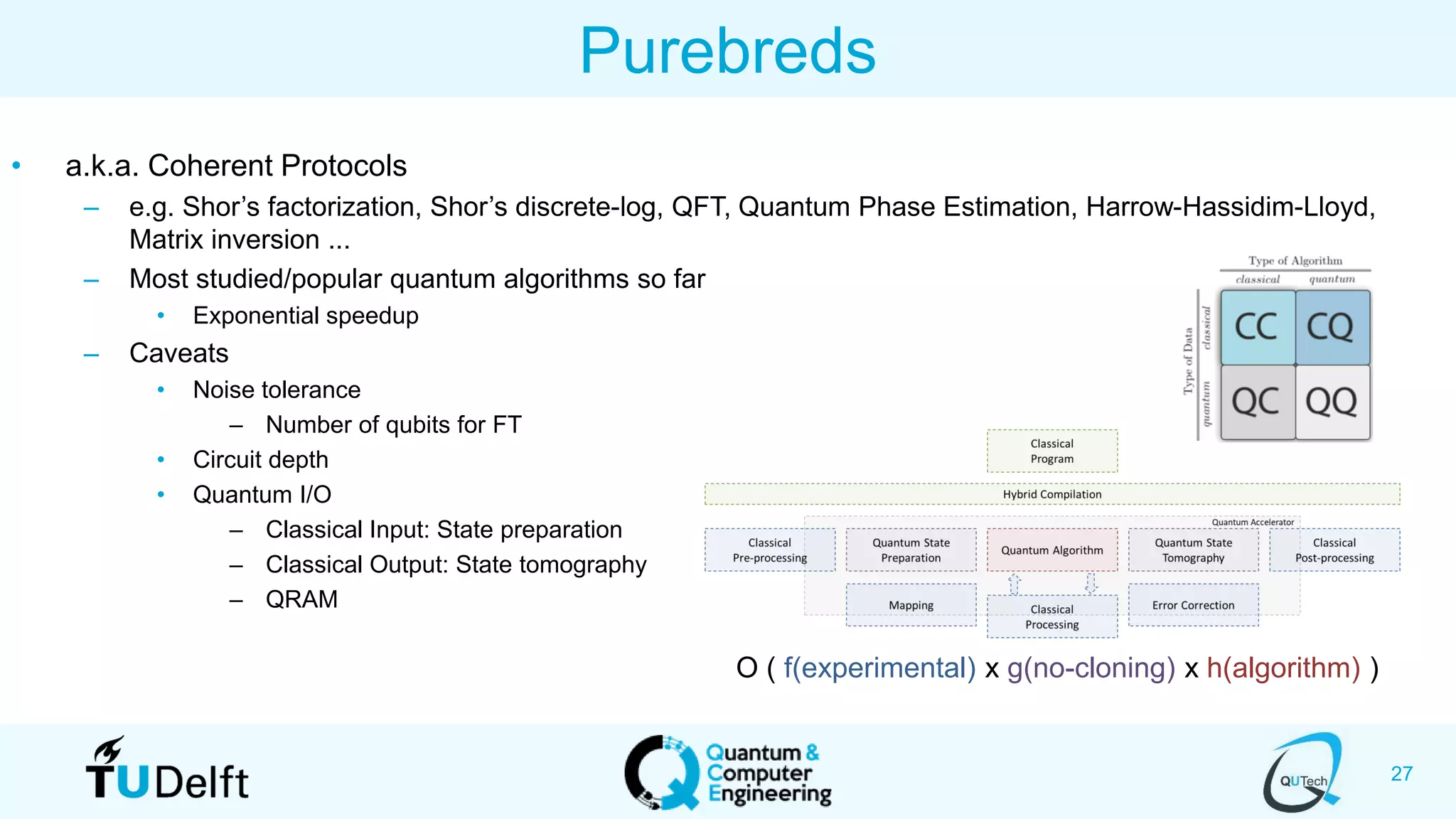 27
Purebreds
• a.k.a. Coherent Protocols
– e.g. Shor’s factorization, Shor’s discrete-log, QFT, Quantum Phase Estimation, Harrow-Hassidim-Lloyd,
Matrix inversion ...
– Most studied/popular quantum algorithms so far
• Exponential speedup
– Caveats
• Noise tolerance
– Number of qubits for FT
• Circuit depth
• Quantum I/O
– Classical Input: State preparation
– Classical Output: State tomography
– QRAM
O ( f(experimental) x g(no-cloning) x h(algorithm) )
 
