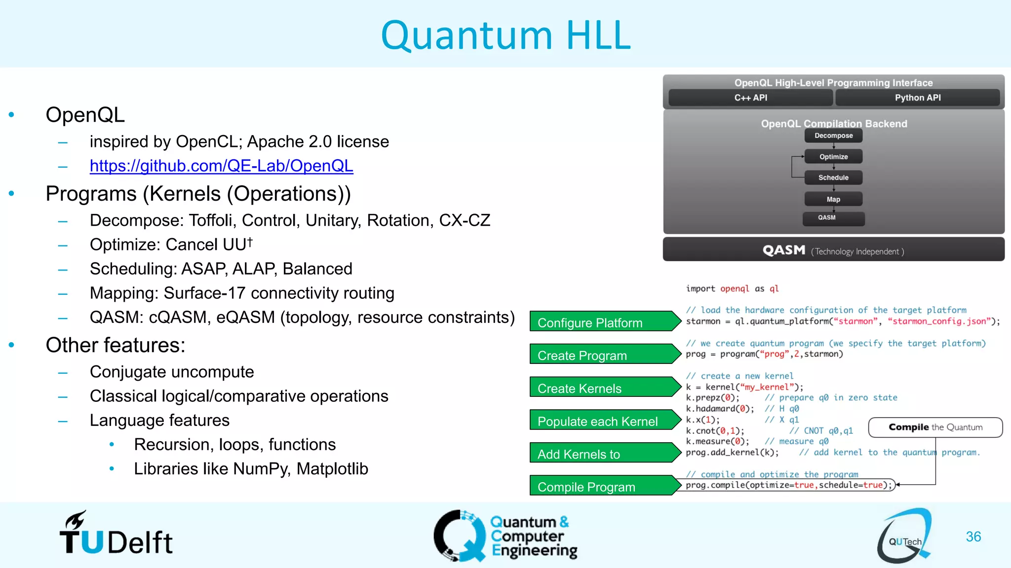 36
Quantum HLL
• OpenQL
– inspired by OpenCL; Apache 2.0 license
– https://github.com/QE-Lab/OpenQL
• Programs (Kernels (Operations))
– Decompose: Toffoli, Control, Unitary, Rotation, CX-CZ
– Optimize: Cancel UU†
– Scheduling: ASAP, ALAP, Balanced
– Mapping: Surface-17 connectivity routing
– QASM: cQASM, eQASM (topology, resource constraints)
• Other features:
– Conjugate uncompute
– Classical logical/comparative operations
– Language features
• Recursion, loops, functions
• Libraries like NumPy, Matplotlib
Configure Platform
Create Program
Create Kernels
Populate each Kernel
Add Kernels to
Program
Compile Program
 