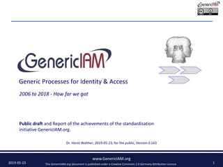 This GenericIAM.org document is published under a Creative Commons 2.0 Germany Attribution Licence
GenericIAM
Generic Processes for Identity & Access
Dr. Horst Walther, 2019-05-23, for the public, Version 0.163
2019-05-23
www.GenericIAM.org
1
2006 to 2018 - How far we got
Public draft and Report of the achievements of the standardisation
initiative GenericIAM.org.
 