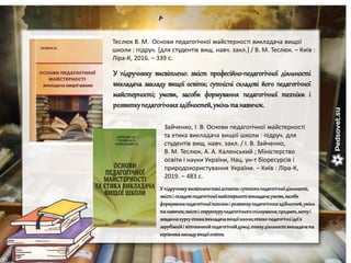 Зайченко, І. В. Основи педагогічної майстерності
та етика викладача вищої школи : підруч. для
студентів вищ. навч. закл. / І. В. Зайченко,
В. М. Теслюк, А. А. Каленський ; Міністерство
освіти і науки України, Нац. ун-т біоресурсів і
природокористування України. – Київ : Ліра-К,
2019. – 483 с.
У підручникувисвітленотакіаспекти:сутністьпедагогічноїдіяльності,
змісті складовіпедагогічноїмайстерностівикладача;умови,засоби
формуванняпедагогічноїтехнікиі розвиткупедагогічнихздібностей,умінь
танавичок;змісті структурупедагогічногоспілкування;предмет,метуі
завданнякурсуетикивикладачавищоїшколи;етико-педагогічніідеїв
зарубіжнійі вітчизнянійпедагогічнійдумці;етикудіяльностівикладачата
керівниказакладувищоїосвіти.
Теслюк В. М. Основи педагогічної майстерності викладача вищої
школи : підруч. [для студентів вищ. навч. закл.] / В. М. Теслюк. – Київ :
Ліра-К, 2016. – 339 с.
У підручнику висвітлено: зміст професійно-педагогічної діяльності
викладача закладу вищої освіти; сутнісні складові його педагогічної
майстерності; умови, засоби формування педагогічної техніки і
розвиткупедагогічнихздібностей,уміньтанавичок.
 