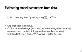Estimating model parameters from data.
15
• Log likelihood is concave.
• Choice set can be large (all nodes), so we use negative sampling
(unbiased and consistent if sampled uniformly at random).
• Get standard errors from , where H is the hessian
p
H 1
<latexit sha1_base64="5QA88Q7pacuAu3J2OM/85k3Kd7g=">AAAHOnicfVVdb9s2FFW7zeu0j6br417YpQaGwl9KkSUZUMDAiqIFWiybnbZA5GWUdGURJimVpBq5hH7JXrd/sT+y170Ne90P2KXlLJaTjYAtirznHN7LIzIqONNmNPr9xs333v+g8+Gtj/yPP/n0s9s7dz5/qfNSxXAS5zxXryOqgTMJJ4YZDq8LBVREHF5Fi2/d/Ku3oDTL5dQsC5gJOpcsZTE1OHS2c/t+qN8oY5/+aPtBXd8/29kdDUarRq52gnVn11u347M7nbthkselAGliTrU+DUaFmVmqDIs51H5YaihovKBzOMWupAL0zK5WXpMujiQkzRX+pCGrUX8TgjyKLlss1tCo5FRV7dEozxc4o2vfb2ua9HBmmSxKAzJuJNOSE5MTVxCSMAWx4UvS1jVs8a4nWQyponGPCi2oyXoFc+vsmcW7/lzRIusJuoAYOL8calbl4JxFiqqlSyE/170ImecqL2WiewU1BpTUiDeKVT2d0QJ0L2WmF1Meu/fEYQqeG0HVQv8X60CAoTi5qhwHY6dlauAHSGqrILl3OLoXcdTdjDAZzBWArO3q4WLOM2ZgKybiJdTW/W9E+F2SGVPob4ZDA9VAG+SGKs6onMMgzsXwTQnaOUsPg6/3j/aOhhoEQwNG6DfRP2cm67sk+kz2I7QpqFXcw4Pd5uGHrqAUbezq44dznkeUh/gaOtgYpC4VjJOcowHGaOI4T+BRqIDT6gKb4+LbJjqdBjPrNs4ZoLXLx9MJla64CiScYwKCysSGKRWMLxNIaclNbUOdXvTbJtGpc0XtdzfFNO4gJI9Gg6NeLBiKoi04Wh4FTKVTR9FOErlDaSpHNW7AVj84xW9tf1ZvJ/UY8CNTMFmKKOdPMCXbsOjafvfieW2lkxCstqK2DJcbTsBcF4wDyTYkWkPWGg4wKSPcTlO6Lb1eYFth8uSFK8mFwDRolc9GVW01vxRxwQ3aPsNIVwPKi4zWl0v96dlW1ZM5BxZn/ab2183gRms8Xtrng3A0m7ssJmwuUClsXOXobBgJGzbj9RVbiOd4sCbXIdYTdVviQVhFVJ2i+cIsyisbvnX/XT/MVMmBZMDmmcHT9WC/MKRLphkQGpuScoIwP1zgCTEa7O1D1SUXrUse46VAZQwkAnOO36+LJShG9KqMfiPV9QlZEfRHgwBE9wI9yXKF1WFyTnJJ0FSEQ2qIZgk4xEZeu0H9LwleAA//l0StMlmx1K4KeI0E25fG1c7LvUGAy/t+b3d8uL5QbnlfeF96X3mBd+CNvafesXfixV7p/ez94v3a+a3zR+fPzl9N6M0ba8xdr9U6f/8Do76LUw==</latexit><latexit sha1_base64="5QA88Q7pacuAu3J2OM/85k3Kd7g=">AAAHOnicfVVdb9s2FFW7zeu0j6br417YpQaGwl9KkSUZUMDAiqIFWiybnbZA5GWUdGURJimVpBq5hH7JXrd/sT+y170Ne90P2KXlLJaTjYAtirznHN7LIzIqONNmNPr9xs333v+g8+Gtj/yPP/n0s9s7dz5/qfNSxXAS5zxXryOqgTMJJ4YZDq8LBVREHF5Fi2/d/Ku3oDTL5dQsC5gJOpcsZTE1OHS2c/t+qN8oY5/+aPtBXd8/29kdDUarRq52gnVn11u347M7nbthkselAGliTrU+DUaFmVmqDIs51H5YaihovKBzOMWupAL0zK5WXpMujiQkzRX+pCGrUX8TgjyKLlss1tCo5FRV7dEozxc4o2vfb2ua9HBmmSxKAzJuJNOSE5MTVxCSMAWx4UvS1jVs8a4nWQyponGPCi2oyXoFc+vsmcW7/lzRIusJuoAYOL8calbl4JxFiqqlSyE/170ImecqL2WiewU1BpTUiDeKVT2d0QJ0L2WmF1Meu/fEYQqeG0HVQv8X60CAoTi5qhwHY6dlauAHSGqrILl3OLoXcdTdjDAZzBWArO3q4WLOM2ZgKybiJdTW/W9E+F2SGVPob4ZDA9VAG+SGKs6onMMgzsXwTQnaOUsPg6/3j/aOhhoEQwNG6DfRP2cm67sk+kz2I7QpqFXcw4Pd5uGHrqAUbezq44dznkeUh/gaOtgYpC4VjJOcowHGaOI4T+BRqIDT6gKb4+LbJjqdBjPrNs4ZoLXLx9MJla64CiScYwKCysSGKRWMLxNIaclNbUOdXvTbJtGpc0XtdzfFNO4gJI9Gg6NeLBiKoi04Wh4FTKVTR9FOErlDaSpHNW7AVj84xW9tf1ZvJ/UY8CNTMFmKKOdPMCXbsOjafvfieW2lkxCstqK2DJcbTsBcF4wDyTYkWkPWGg4wKSPcTlO6Lb1eYFth8uSFK8mFwDRolc9GVW01vxRxwQ3aPsNIVwPKi4zWl0v96dlW1ZM5BxZn/ab2183gRms8Xtrng3A0m7ssJmwuUClsXOXobBgJGzbj9RVbiOd4sCbXIdYTdVviQVhFVJ2i+cIsyisbvnX/XT/MVMmBZMDmmcHT9WC/MKRLphkQGpuScoIwP1zgCTEa7O1D1SUXrUse46VAZQwkAnOO36+LJShG9KqMfiPV9QlZEfRHgwBE9wI9yXKF1WFyTnJJ0FSEQ2qIZgk4xEZeu0H9LwleAA//l0StMlmx1K4KeI0E25fG1c7LvUGAy/t+b3d8uL5QbnlfeF96X3mBd+CNvafesXfixV7p/ez94v3a+a3zR+fPzl9N6M0ba8xdr9U6f/8Do76LUw==</latexit><latexit sha1_base64="5QA88Q7pacuAu3J2OM/85k3Kd7g=">AAAHOnicfVVdb9s2FFW7zeu0j6br417YpQaGwl9KkSUZUMDAiqIFWiybnbZA5GWUdGURJimVpBq5hH7JXrd/sT+y170Ne90P2KXlLJaTjYAtirznHN7LIzIqONNmNPr9xs333v+g8+Gtj/yPP/n0s9s7dz5/qfNSxXAS5zxXryOqgTMJJ4YZDq8LBVREHF5Fi2/d/Ku3oDTL5dQsC5gJOpcsZTE1OHS2c/t+qN8oY5/+aPtBXd8/29kdDUarRq52gnVn11u347M7nbthkselAGliTrU+DUaFmVmqDIs51H5YaihovKBzOMWupAL0zK5WXpMujiQkzRX+pCGrUX8TgjyKLlss1tCo5FRV7dEozxc4o2vfb2ua9HBmmSxKAzJuJNOSE5MTVxCSMAWx4UvS1jVs8a4nWQyponGPCi2oyXoFc+vsmcW7/lzRIusJuoAYOL8calbl4JxFiqqlSyE/170ImecqL2WiewU1BpTUiDeKVT2d0QJ0L2WmF1Meu/fEYQqeG0HVQv8X60CAoTi5qhwHY6dlauAHSGqrILl3OLoXcdTdjDAZzBWArO3q4WLOM2ZgKybiJdTW/W9E+F2SGVPob4ZDA9VAG+SGKs6onMMgzsXwTQnaOUsPg6/3j/aOhhoEQwNG6DfRP2cm67sk+kz2I7QpqFXcw4Pd5uGHrqAUbezq44dznkeUh/gaOtgYpC4VjJOcowHGaOI4T+BRqIDT6gKb4+LbJjqdBjPrNs4ZoLXLx9MJla64CiScYwKCysSGKRWMLxNIaclNbUOdXvTbJtGpc0XtdzfFNO4gJI9Gg6NeLBiKoi04Wh4FTKVTR9FOErlDaSpHNW7AVj84xW9tf1ZvJ/UY8CNTMFmKKOdPMCXbsOjafvfieW2lkxCstqK2DJcbTsBcF4wDyTYkWkPWGg4wKSPcTlO6Lb1eYFth8uSFK8mFwDRolc9GVW01vxRxwQ3aPsNIVwPKi4zWl0v96dlW1ZM5BxZn/ab2183gRms8Xtrng3A0m7ssJmwuUClsXOXobBgJGzbj9RVbiOd4sCbXIdYTdVviQVhFVJ2i+cIsyisbvnX/XT/MVMmBZMDmmcHT9WC/MKRLphkQGpuScoIwP1zgCTEa7O1D1SUXrUse46VAZQwkAnOO36+LJShG9KqMfiPV9QlZEfRHgwBE9wI9yXKF1WFyTnJJ0FSEQ2qIZgk4xEZeu0H9LwleAA//l0StMlmx1K4KeI0E25fG1c7LvUGAy/t+b3d8uL5QbnlfeF96X3mBd+CNvafesXfixV7p/ez94v3a+a3zR+fPzl9N6M0ba8xdr9U6f/8Do76LUw==</latexit><latexit sha1_base64="5QA88Q7pacuAu3J2OM/85k3Kd7g=">AAAHOnicfVVdb9s2FFW7zeu0j6br417YpQaGwl9KkSUZUMDAiqIFWiybnbZA5GWUdGURJimVpBq5hH7JXrd/sT+y170Ne90P2KXlLJaTjYAtirznHN7LIzIqONNmNPr9xs333v+g8+Gtj/yPP/n0s9s7dz5/qfNSxXAS5zxXryOqgTMJJ4YZDq8LBVREHF5Fi2/d/Ku3oDTL5dQsC5gJOpcsZTE1OHS2c/t+qN8oY5/+aPtBXd8/29kdDUarRq52gnVn11u347M7nbthkselAGliTrU+DUaFmVmqDIs51H5YaihovKBzOMWupAL0zK5WXpMujiQkzRX+pCGrUX8TgjyKLlss1tCo5FRV7dEozxc4o2vfb2ua9HBmmSxKAzJuJNOSE5MTVxCSMAWx4UvS1jVs8a4nWQyponGPCi2oyXoFc+vsmcW7/lzRIusJuoAYOL8calbl4JxFiqqlSyE/170ImecqL2WiewU1BpTUiDeKVT2d0QJ0L2WmF1Meu/fEYQqeG0HVQv8X60CAoTi5qhwHY6dlauAHSGqrILl3OLoXcdTdjDAZzBWArO3q4WLOM2ZgKybiJdTW/W9E+F2SGVPob4ZDA9VAG+SGKs6onMMgzsXwTQnaOUsPg6/3j/aOhhoEQwNG6DfRP2cm67sk+kz2I7QpqFXcw4Pd5uGHrqAUbezq44dznkeUh/gaOtgYpC4VjJOcowHGaOI4T+BRqIDT6gKb4+LbJjqdBjPrNs4ZoLXLx9MJla64CiScYwKCysSGKRWMLxNIaclNbUOdXvTbJtGpc0XtdzfFNO4gJI9Gg6NeLBiKoi04Wh4FTKVTR9FOErlDaSpHNW7AVj84xW9tf1ZvJ/UY8CNTMFmKKOdPMCXbsOjafvfieW2lkxCstqK2DJcbTsBcF4wDyTYkWkPWGg4wKSPcTlO6Lb1eYFth8uSFK8mFwDRolc9GVW01vxRxwQ3aPsNIVwPKi4zWl0v96dlW1ZM5BxZn/ab2183gRms8Xtrng3A0m7ssJmwuUClsXOXobBgJGzbj9RVbiOd4sCbXIdYTdVviQVhFVJ2i+cIsyisbvnX/XT/MVMmBZMDmmcHT9WC/MKRLphkQGpuScoIwP1zgCTEa7O1D1SUXrUse46VAZQwkAnOO36+LJShG9KqMfiPV9QlZEfRHgwBE9wI9yXKF1WFyTnJJ0FSEQ2qIZgk4xEZeu0H9LwleAA//l0StMlmx1K4KeI0E25fG1c7LvUGAy/t+b3d8uL5QbnlfeF96X3mBd+CNvafesXfixV7p/ez94v3a+a3zR+fPzl9N6M0ba8xdr9U6f/8Do76LUw==</latexit>
LL(✓; i chooses j from C) = ✓T
xij log(
P
k2C e✓T
xik
)<latexit sha1_base64="lPrlfFjey5bDlv4oP2ah8QN0SC4=">AAAHlHicfVVdb9s2FFW7re60r3QF9rIXdrGBtLAdO0WWZFsAA+mKFUi3bHbaApGbUdKVxJoUNZJq5BL6jXveD9nrtkt/LHaSjYAkirznHt57D8mw4EybXu+PW7ffe/+DO427H/offfzJp59t3Pv8hZaliuA0klyqVyHVwFkOp4YZDq8KBVSEHF6GkyM3//ItKM1kPjLTAsaCpjlLWEQNDp1vsObx8VZgMjD0WxIYqIxtsiaJMik1aNJ80ySJkoI0j5r1Q3JI5qavR9W5ZW9q0iEBl+lWoEtxbickYDk5qgm8tks74gwndf2web6x2ev2Zo1c7/QXnU1v0U7O7925H8QyKgXkJuJU67N+rzBjS5VhEYfaD0oNBY0mNIUz7OZUgB7bWU5q0sKRmCRS4ZMbMhv1VyHoR9HpmhdraFhyqqr10VDKCc7o2vfXOU2yP7YsL0oDeTSnTEpOjCQu1SRmCiLDp2Sd17DJu3bOIkgUjdpUaEFN1i6YW2fbTN51UkWLrC3oBCLg/HJovioH5yxUVE1dCPJCt0P0nCpZ5rFuF9QYULlGvFGsauuMFqDbCTPtiPLI/ccOU3BpBFUT/V9euwILiJOzzHEwdlQmBn6BuLYK4gf7vQchR95VC6x5qgDy2s4+zuYiYwau2IS8hNq694qF3yKZMYX+ZnsbVdjVBn1DFWU0T6EbSbH9WwnaaVZv97/ePdg52NYgGEo7RCWLzgUzWccF0WF5J8QNAGpm93hvc/7xA5dQihvE5ccPUi5DygP8DRxsALkuFQxiyVEAA9wekYzhMFDAabXESlz8uojORv2xdYVzAlir8sloSHOXXAU5XGAAguaxDRIqGJ/GkNCSm9oGOln210WiE6eK2m+tkmmsIMSHve5BOxIMSVEWHCWPBKbSiXOxHiT6DnJTOVeDOdjqR2e413bH9dWgngBuMgXDqQglf4oh2bkXXdufnh/XNncUgtVW1JbhcoMhmJuMcSC+CgkXkAWHAwzLEMtpSlfSmwmuMgyfPncpWRKM+mvps2FVW80vSZzxHG2foaXLAeVFRuvLpf767ErW45QDi7LOPPc3zWChNR4v6+eDcG5WqyyGLBXIFMxV5dzZIBQ2mI/X12QhjvHIjm9CLCbqdYpHQRVSdYbiC7JQVjZ4694tP8hUyYFkwNLM4Om6t1sY0iKjDAiNTEk5QZgfTPCE6HV3dqFqkWVrkSd43dA8AhKCucD962wJkhE9S6M/p2r5hMwcdHrdPojWEj3MpMLssDwlMicoKsIhMUSzGBxiJa7Nfv2vE7wAHv+vEzWLZOaldlnAa6R/9dK43nmx0+3j8n7e2RzsLy6Uu96X3lfeltf39ryB94N34p16kfe796f3l/d344vGd42jxvdz09u3Fpj73lpr/PgPgf6oMQ==</latexit><latexit sha1_base64="lPrlfFjey5bDlv4oP2ah8QN0SC4=">AAAHlHicfVVdb9s2FFW7re60r3QF9rIXdrGBtLAdO0WWZFsAA+mKFUi3bHbaApGbUdKVxJoUNZJq5BL6jXveD9nrtkt/LHaSjYAkirznHt57D8mw4EybXu+PW7ffe/+DO427H/offfzJp59t3Pv8hZaliuA0klyqVyHVwFkOp4YZDq8KBVSEHF6GkyM3//ItKM1kPjLTAsaCpjlLWEQNDp1vsObx8VZgMjD0WxIYqIxtsiaJMik1aNJ80ySJkoI0j5r1Q3JI5qavR9W5ZW9q0iEBl+lWoEtxbickYDk5qgm8tks74gwndf2web6x2ev2Zo1c7/QXnU1v0U7O7925H8QyKgXkJuJU67N+rzBjS5VhEYfaD0oNBY0mNIUz7OZUgB7bWU5q0sKRmCRS4ZMbMhv1VyHoR9HpmhdraFhyqqr10VDKCc7o2vfXOU2yP7YsL0oDeTSnTEpOjCQu1SRmCiLDp2Sd17DJu3bOIkgUjdpUaEFN1i6YW2fbTN51UkWLrC3oBCLg/HJovioH5yxUVE1dCPJCt0P0nCpZ5rFuF9QYULlGvFGsauuMFqDbCTPtiPLI/ccOU3BpBFUT/V9euwILiJOzzHEwdlQmBn6BuLYK4gf7vQchR95VC6x5qgDy2s4+zuYiYwau2IS8hNq694qF3yKZMYX+ZnsbVdjVBn1DFWU0T6EbSbH9WwnaaVZv97/ePdg52NYgGEo7RCWLzgUzWccF0WF5J8QNAGpm93hvc/7xA5dQihvE5ccPUi5DygP8DRxsALkuFQxiyVEAA9wekYzhMFDAabXESlz8uojORv2xdYVzAlir8sloSHOXXAU5XGAAguaxDRIqGJ/GkNCSm9oGOln210WiE6eK2m+tkmmsIMSHve5BOxIMSVEWHCWPBKbSiXOxHiT6DnJTOVeDOdjqR2e413bH9dWgngBuMgXDqQglf4oh2bkXXdufnh/XNncUgtVW1JbhcoMhmJuMcSC+CgkXkAWHAwzLEMtpSlfSmwmuMgyfPncpWRKM+mvps2FVW80vSZzxHG2foaXLAeVFRuvLpf767ErW45QDi7LOPPc3zWChNR4v6+eDcG5WqyyGLBXIFMxV5dzZIBQ2mI/X12QhjvHIjm9CLCbqdYpHQRVSdYbiC7JQVjZ4694tP8hUyYFkwNLM4Om6t1sY0iKjDAiNTEk5QZgfTPCE6HV3dqFqkWVrkSd43dA8AhKCucD962wJkhE9S6M/p2r5hMwcdHrdPojWEj3MpMLssDwlMicoKsIhMUSzGBxiJa7Nfv2vE7wAHv+vEzWLZOaldlnAa6R/9dK43nmx0+3j8n7e2RzsLy6Uu96X3lfeltf39ryB94N34p16kfe796f3l/d344vGd42jxvdz09u3Fpj73lpr/PgPgf6oMQ==</latexit><latexit sha1_base64="lPrlfFjey5bDlv4oP2ah8QN0SC4=">AAAHlHicfVVdb9s2FFW7re60r3QF9rIXdrGBtLAdO0WWZFsAA+mKFUi3bHbaApGbUdKVxJoUNZJq5BL6jXveD9nrtkt/LHaSjYAkirznHt57D8mw4EybXu+PW7ffe/+DO427H/offfzJp59t3Pv8hZaliuA0klyqVyHVwFkOp4YZDq8KBVSEHF6GkyM3//ItKM1kPjLTAsaCpjlLWEQNDp1vsObx8VZgMjD0WxIYqIxtsiaJMik1aNJ80ySJkoI0j5r1Q3JI5qavR9W5ZW9q0iEBl+lWoEtxbickYDk5qgm8tks74gwndf2web6x2ev2Zo1c7/QXnU1v0U7O7925H8QyKgXkJuJU67N+rzBjS5VhEYfaD0oNBY0mNIUz7OZUgB7bWU5q0sKRmCRS4ZMbMhv1VyHoR9HpmhdraFhyqqr10VDKCc7o2vfXOU2yP7YsL0oDeTSnTEpOjCQu1SRmCiLDp2Sd17DJu3bOIkgUjdpUaEFN1i6YW2fbTN51UkWLrC3oBCLg/HJovioH5yxUVE1dCPJCt0P0nCpZ5rFuF9QYULlGvFGsauuMFqDbCTPtiPLI/ccOU3BpBFUT/V9euwILiJOzzHEwdlQmBn6BuLYK4gf7vQchR95VC6x5qgDy2s4+zuYiYwau2IS8hNq694qF3yKZMYX+ZnsbVdjVBn1DFWU0T6EbSbH9WwnaaVZv97/ePdg52NYgGEo7RCWLzgUzWccF0WF5J8QNAGpm93hvc/7xA5dQihvE5ccPUi5DygP8DRxsALkuFQxiyVEAA9wekYzhMFDAabXESlz8uojORv2xdYVzAlir8sloSHOXXAU5XGAAguaxDRIqGJ/GkNCSm9oGOln210WiE6eK2m+tkmmsIMSHve5BOxIMSVEWHCWPBKbSiXOxHiT6DnJTOVeDOdjqR2e413bH9dWgngBuMgXDqQglf4oh2bkXXdufnh/XNncUgtVW1JbhcoMhmJuMcSC+CgkXkAWHAwzLEMtpSlfSmwmuMgyfPncpWRKM+mvps2FVW80vSZzxHG2foaXLAeVFRuvLpf767ErW45QDi7LOPPc3zWChNR4v6+eDcG5WqyyGLBXIFMxV5dzZIBQ2mI/X12QhjvHIjm9CLCbqdYpHQRVSdYbiC7JQVjZ4694tP8hUyYFkwNLM4Om6t1sY0iKjDAiNTEk5QZgfTPCE6HV3dqFqkWVrkSd43dA8AhKCucD962wJkhE9S6M/p2r5hMwcdHrdPojWEj3MpMLssDwlMicoKsIhMUSzGBxiJa7Nfv2vE7wAHv+vEzWLZOaldlnAa6R/9dK43nmx0+3j8n7e2RzsLy6Uu96X3lfeltf39ryB94N34p16kfe796f3l/d344vGd42jxvdz09u3Fpj73lpr/PgPgf6oMQ==</latexit><latexit sha1_base64="lPrlfFjey5bDlv4oP2ah8QN0SC4=">AAAHlHicfVVdb9s2FFW7re60r3QF9rIXdrGBtLAdO0WWZFsAA+mKFUi3bHbaApGbUdKVxJoUNZJq5BL6jXveD9nrtkt/LHaSjYAkirznHt57D8mw4EybXu+PW7ffe/+DO427H/offfzJp59t3Pv8hZaliuA0klyqVyHVwFkOp4YZDq8KBVSEHF6GkyM3//ItKM1kPjLTAsaCpjlLWEQNDp1vsObx8VZgMjD0WxIYqIxtsiaJMik1aNJ80ySJkoI0j5r1Q3JI5qavR9W5ZW9q0iEBl+lWoEtxbickYDk5qgm8tks74gwndf2web6x2ev2Zo1c7/QXnU1v0U7O7925H8QyKgXkJuJU67N+rzBjS5VhEYfaD0oNBY0mNIUz7OZUgB7bWU5q0sKRmCRS4ZMbMhv1VyHoR9HpmhdraFhyqqr10VDKCc7o2vfXOU2yP7YsL0oDeTSnTEpOjCQu1SRmCiLDp2Sd17DJu3bOIkgUjdpUaEFN1i6YW2fbTN51UkWLrC3oBCLg/HJovioH5yxUVE1dCPJCt0P0nCpZ5rFuF9QYULlGvFGsauuMFqDbCTPtiPLI/ccOU3BpBFUT/V9euwILiJOzzHEwdlQmBn6BuLYK4gf7vQchR95VC6x5qgDy2s4+zuYiYwau2IS8hNq694qF3yKZMYX+ZnsbVdjVBn1DFWU0T6EbSbH9WwnaaVZv97/ePdg52NYgGEo7RCWLzgUzWccF0WF5J8QNAGpm93hvc/7xA5dQihvE5ccPUi5DygP8DRxsALkuFQxiyVEAA9wekYzhMFDAabXESlz8uojORv2xdYVzAlir8sloSHOXXAU5XGAAguaxDRIqGJ/GkNCSm9oGOln210WiE6eK2m+tkmmsIMSHve5BOxIMSVEWHCWPBKbSiXOxHiT6DnJTOVeDOdjqR2e413bH9dWgngBuMgXDqQglf4oh2bkXXdufnh/XNncUgtVW1JbhcoMhmJuMcSC+CgkXkAWHAwzLEMtpSlfSmwmuMgyfPncpWRKM+mvps2FVW80vSZzxHG2foaXLAeVFRuvLpf767ErW45QDi7LOPPc3zWChNR4v6+eDcG5WqyyGLBXIFMxV5dzZIBQ2mI/X12QhjvHIjm9CLCbqdYpHQRVSdYbiC7JQVjZ4694tP8hUyYFkwNLM4Om6t1sY0iKjDAiNTEk5QZgfTPCE6HV3dqFqkWVrkSd43dA8AhKCucD962wJkhE9S6M/p2r5hMwcdHrdPojWEj3MpMLssDwlMicoKsIhMUSzGBxiJa7Nfv2vE7wAHv+vEzWLZOaldlnAa6R/9dK43nmx0+3j8n7e2RzsLy6Uu96X3lfeltf39ryB94N34p16kfe796f3l/d344vGd42jxvdz09u3Fpj73lpr/PgPgf6oMQ==</latexit>
 