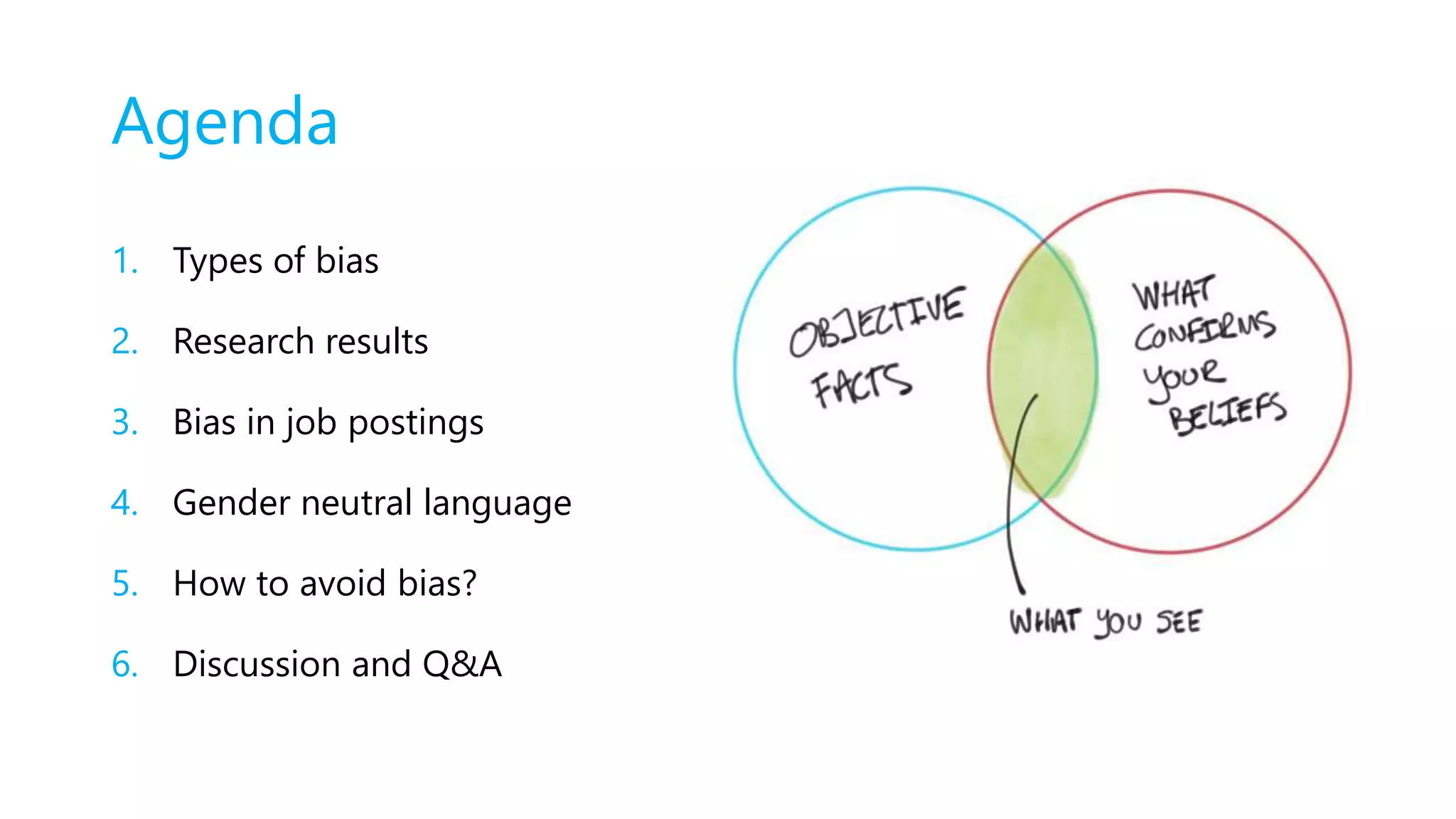 Agenda
1. Types of bias
2. Research results
3. Bias in job postings
4. Gender neutral language
5. How to avoid bias?
6. Discussion and Q&A
 