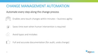 CHANGE MANAGEMENT AUTOMATION
Automate every step along the change process
Enables zero-touch changes within minutes – business agility
Saves time even when human intervention is required
Avoid typos and mistakes
Full and accurate documentation (for audit, undo change)
26
 