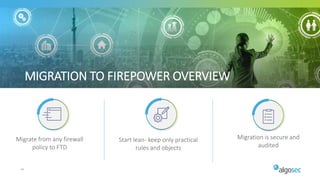 34
Start lean- keep only practical
rules and objects
Migration is secure and
audited
Migrate from any firewall
policy to FTD
MIGRATION TO FIREPOWER OVERVIEW
 