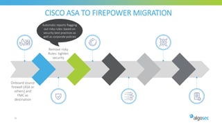 CISCO ASA TO FIREPOWER MIGRATION
35
Onboard source
firewall (ASA or
others) and
FMC as
destination
Remove risky
Rules: tighten
security
Automatic reports flagging
out risky rules: based on
security best practices as
well as corporate policies
 