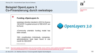 Sitzung OIA – Impulsreferat Open Source Software
10829. Mai 2019 – Dr. Matthias Stürmer, Forschungsstelle Digitale Nachhaltigkeit
Beispiel OpenLayers 3
Co-Finanzierung durch swisstopo
Quelle: http://www.digitale-nachhaltigkeit.unibe.ch/unibe/portal/fak_wiso/a_bwl/inst_wi/abt_digital/content/e90971/e562996/
e591574/e591600/files591612/12_CedricMoullet_CrowdfundingWeiterentwicklungGeoportal_ger.pdf
 