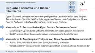 Sitzung OIA – Impulsreferat Open Source Software
5929. Mai 2019 – Dr. Matthias Stürmer, Forschungsstelle Digitale Nachhaltigkeit
C) Klarheit schaffen und Risiken
minimieren
Open Source Lizenzen verursachen gelegentlich Unsicherheiten und Fragen.
Technische und juristische Empfehlungen zu Einsatz und Freigabe von Open
Source Software schaffen Klarheit und reduzieren Risiken.
Massnahme 3: Praxisleitfaden Open Source Software verfassen
— Einführung in Open Source Software, Informationen über Lizenzen, Referenzen
— Best Practices, Open Source Alternativen und praxisnahe Empfehlungen
Massnahme 4: Anleitung zur Freigabe von Open Source Software entwickeln
— Sobald Entscheid des Bundesrates vorliegt Anleitung erarbeiten
— Vorgaben klären wann wer unter welcher Lizenz Open Source Software freigeben darf
A)
B)
C)
D)
E)
 