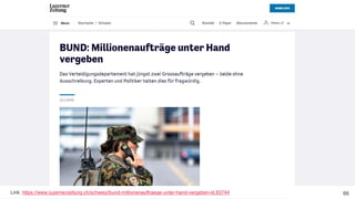 Sitzung OIA – Impulsreferat Open Source Software
6629. Mai 2019 – Dr. Matthias Stürmer, Forschungsstelle Digitale Nachhaltigkeit 66Link: https://www.luzernerzeitung.ch/schweiz/bund-millionenauftraege-unter-hand-vergeben-ld.83744
 