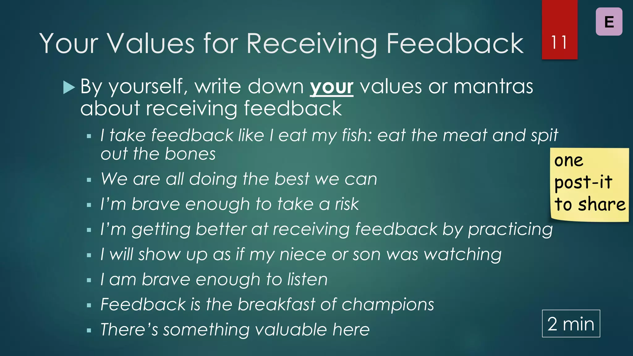 Your Values for Receiving Feedback
 By yourself, write down your values or mantras
about receiving feedback
 I take feedback like I eat my fish: eat the meat and spit
out the bones
 We are all doing the best we can
 I’m brave enough to take a risk
 I’m getting better at receiving feedback by practicing
 I will show up as if my niece or son was watching
 I am brave enough to listen
 Feedback is the breakfast of champions
 There’s something valuable here
11
E
2 min
one
post-it
to share
 
