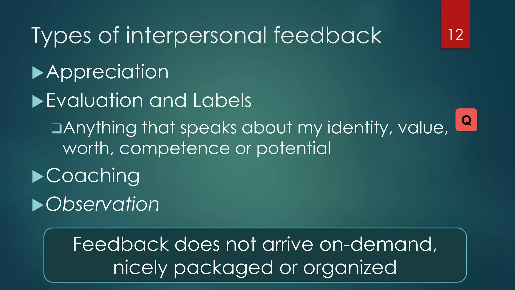Types of interpersonal feedback
Appreciation
Evaluation and Labels
Anything that speaks about my identity, value,
worth, competence or potential
Coaching
Observation
12
Q
Feedback does not arrive on-demand,
nicely packaged or organized
 