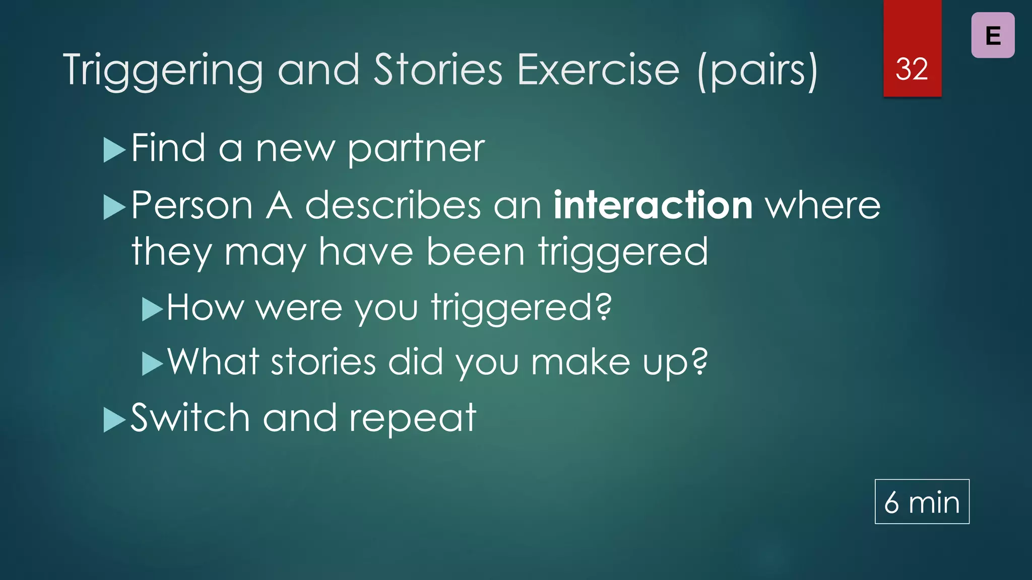 Triggering and Stories Exercise (pairs)
Find a new partner
Person A describes an interaction where
they may have been triggered
How were you triggered?
What stories did you make up?
Switch and repeat
32
E
6 min
 