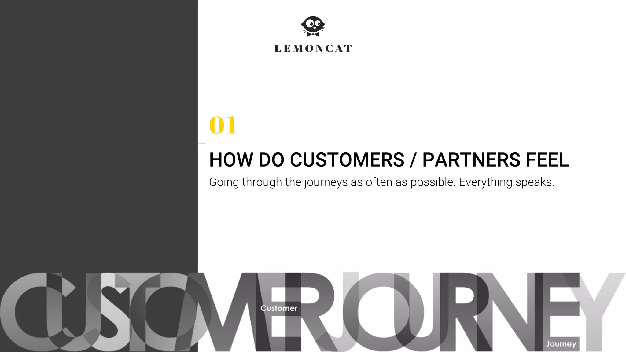 HOW DO CUSTOMERS / PARTNERS FEEL
Going through the journeys as often as possible. Everything speaks.
 