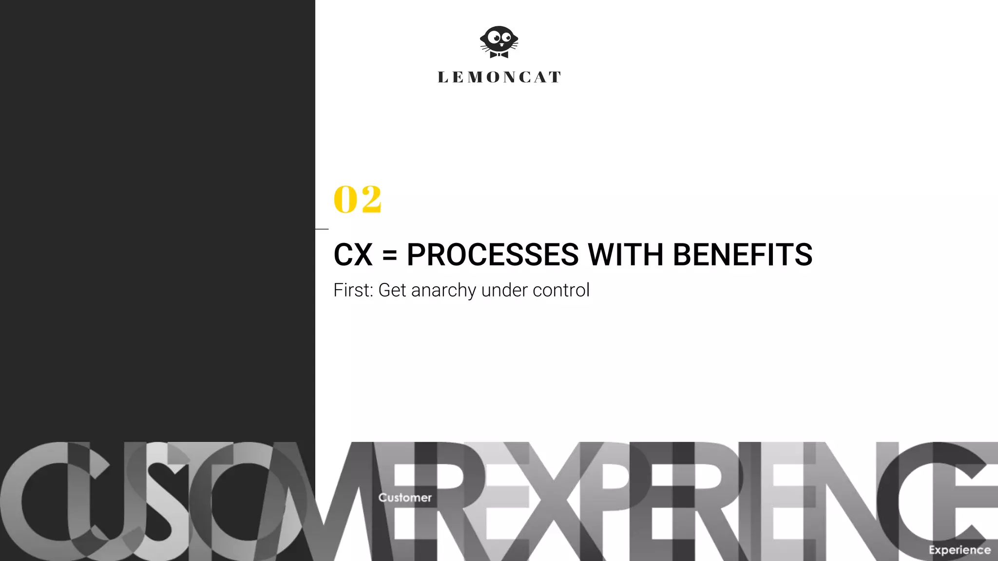 CX = PROCESSES WITH BENEFITS
First: Get anarchy under control
 