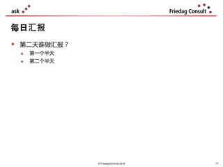  第二天谁做汇报？
 第一个半天
 第二个半天
每日汇报
17© Friedag/Schmidt 2019
 