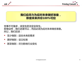 © Friedag/Schmidt 2019
世事不可强求，该发生的注定会发生。
即使这样，我们还是可以，而且必须为应对未来做些准备。
所以，我们应该：
 至少做到：迎合未来的需求
 更好做到：设立标准
 甚至做到：尽力影响行业变化
我们应尽力为应对未来做好准备，
即使未来并非100%可控
19
 
