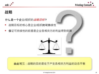 25
战略
什么是一个企业/组织的战略目标？
 战略目标的核心是企业/组织的可持续性
 保证可持续性的前提是企业各相关方的利益得到保障
由此可见：战略的目的是在于产生各相关方利益的动态平衡
© Friedag/Schmidt 2019 25
 